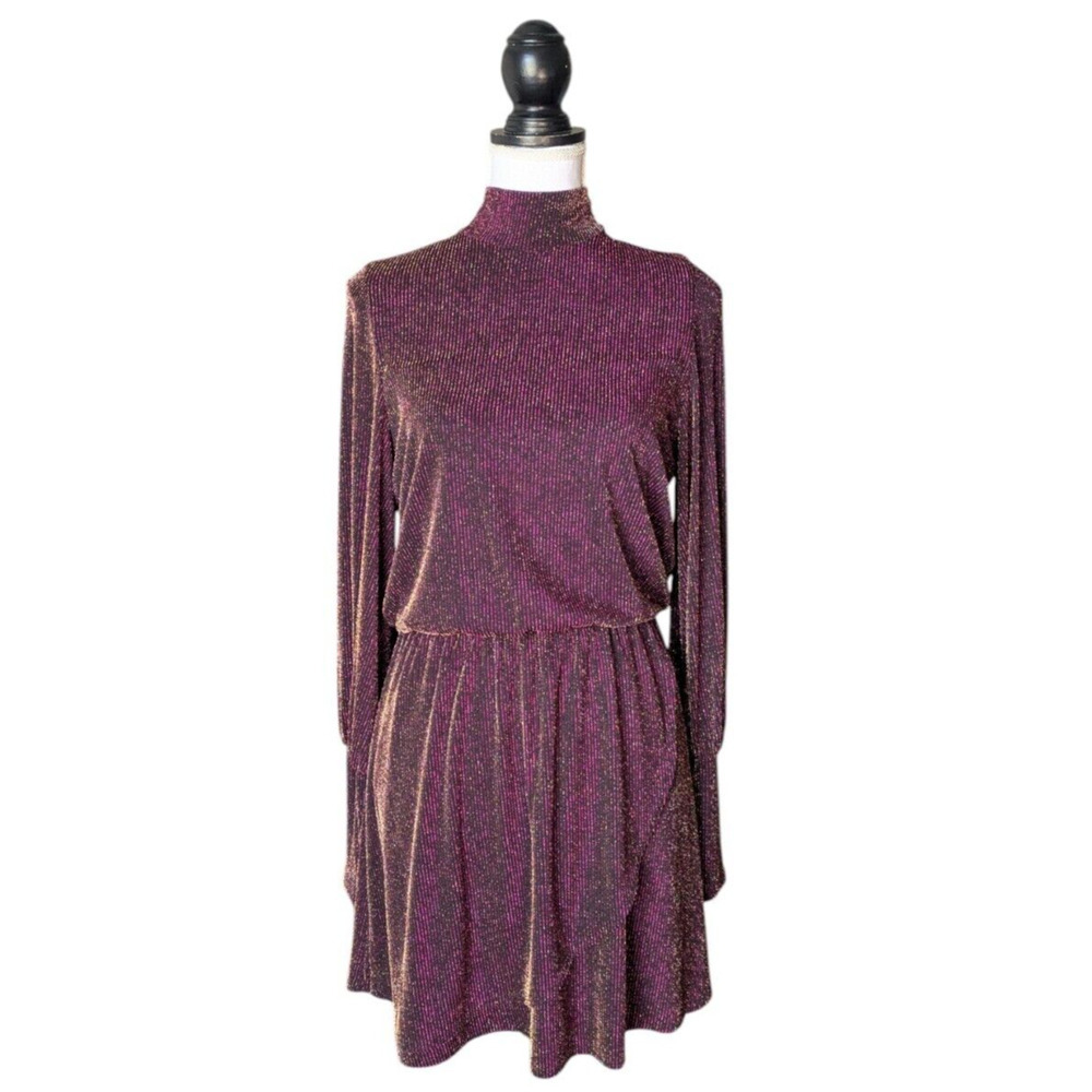 Black Halo Gavin Metallic Purple Black Ribbed Mini Dress Sz 4 Shimmer High Neck - Picture 2 of 11